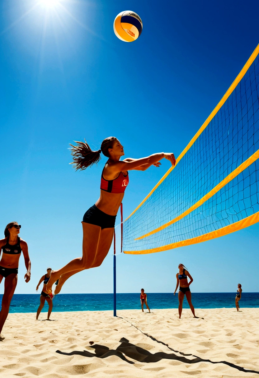 Beach Volleyball, by lois van baarle, full body, cinematic still, cinemascope, best quality, masterpiece, very aesthetic, perfect composition, intricate details, ultra-detailed, vivid colors