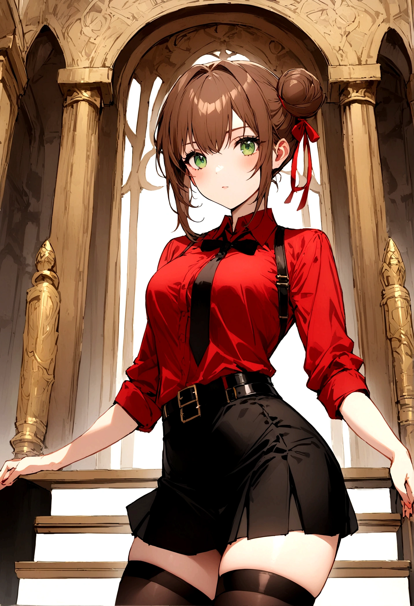 Girl, brown hair, green eyes, small side bun near top of head tied with small red ribbon, black skirt, thigh highs, refined eloquent modern day business, red shirt, belt