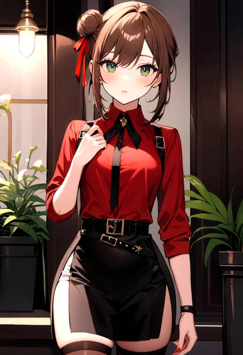 Girl, brown hair, green eyes, small side bun near top of head tied with small red ribbon, black skirt, thigh highs, refined eloquent modern day business, red shirt, belt
