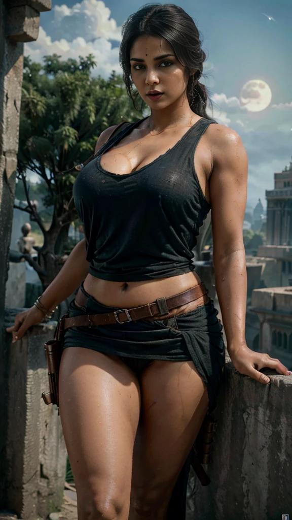 Nsfw, indian 30 years old woman as Lara Croft, rise of The tomb raider, (master part, 4k resolution, Ultra-realistic, highy detailed), (Charismatic,  at the top of the city), fully body, (blue colored eyes:1.2), natta, dynamic lights), (fullmoon))], Standing, taking off her panties, wet pussy, (cleavage),(plus size:1.3),different poses, different angle ,(down blouse), saggy breast,  front view, gun ,bottom up view, loose tank ,able to view braest from bellow ,night ,under ,dress up