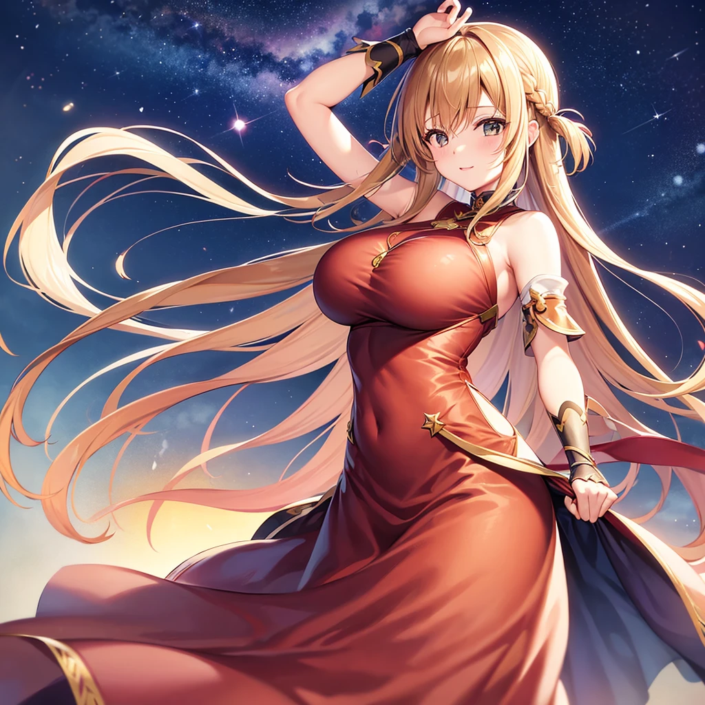 asuna,STAR, crown half up hairstyle,, woman, happy, huge breasts, dress, overexplosure, light brown Clothes, dusk sky, dusk, sunset, Free Pose、Shoulder Off、Only one woman、Low - Angle