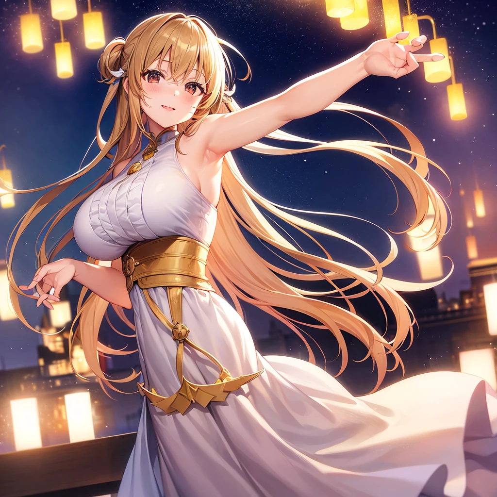 asuna,STAR, crown half up hairstyle,, woman, happy, huge breasts, dress, overexplosure, light brown Clothes, dusk sky, dusk, sunset, Free Pose、Shoulder Off、Only one woman、Low - Angle