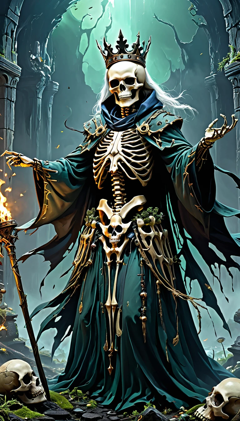 A masterpiece of ultra-fine detail, Dynamic, excellent quality,DonMT3chW0rldXL clone, Necromancer, Skeleton Appearance, torn robes, Sticks, Empty eye sockets, No life, No meat, crown, aura of Spiritism. immortal, Dark rituals, powerful, poisonous,  powerful施法者, Spiritism, Dark Magic, Dynamic,3d graphic,technologynological,sublimation , technology, Science Fiction, 