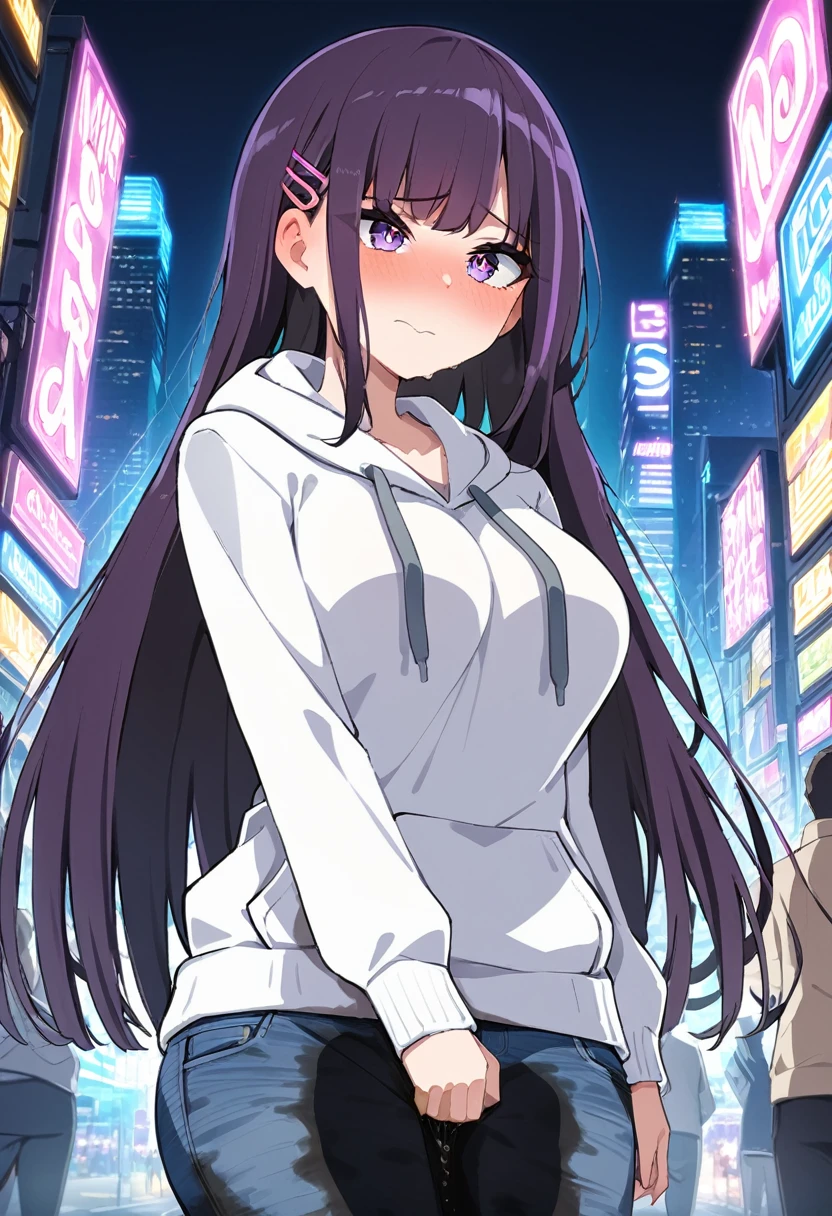 (masterpiece:1.37), best quality, (extremely detailed:1.37), (1girl:1.5), woman, (mature:1.5), (adult:1.5), large breasts, very long hair, (straight hair:1.5), (very dark purple hair:1.5), purple eyes, (extremely detailed eyes:1.37), hoodie, jeans, desperation, (wetting self:1.5), standing, embarrassed, humiliation, blushing, angry, city, futuristic, neon lighting, high-tech, street, skyscraper
