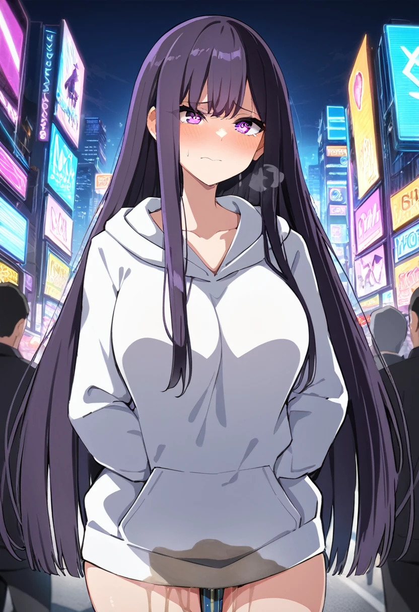 (masterpiece:1.37), best quality, (extremely detailed:1.37), (1girl:1.5), woman, (mature:1.5), (adult:1.5), large breasts, very long hair, (straight hair:1.5), (very dark purple hair:1.5), purple eyes, (extremely detailed eyes:1.37), hoodie, jeans, desperation, (wetting self:1.5), standing, embarrassed, humiliation, blushing, angry, city, futuristic, neon lighting, high-tech, street, skyscraper