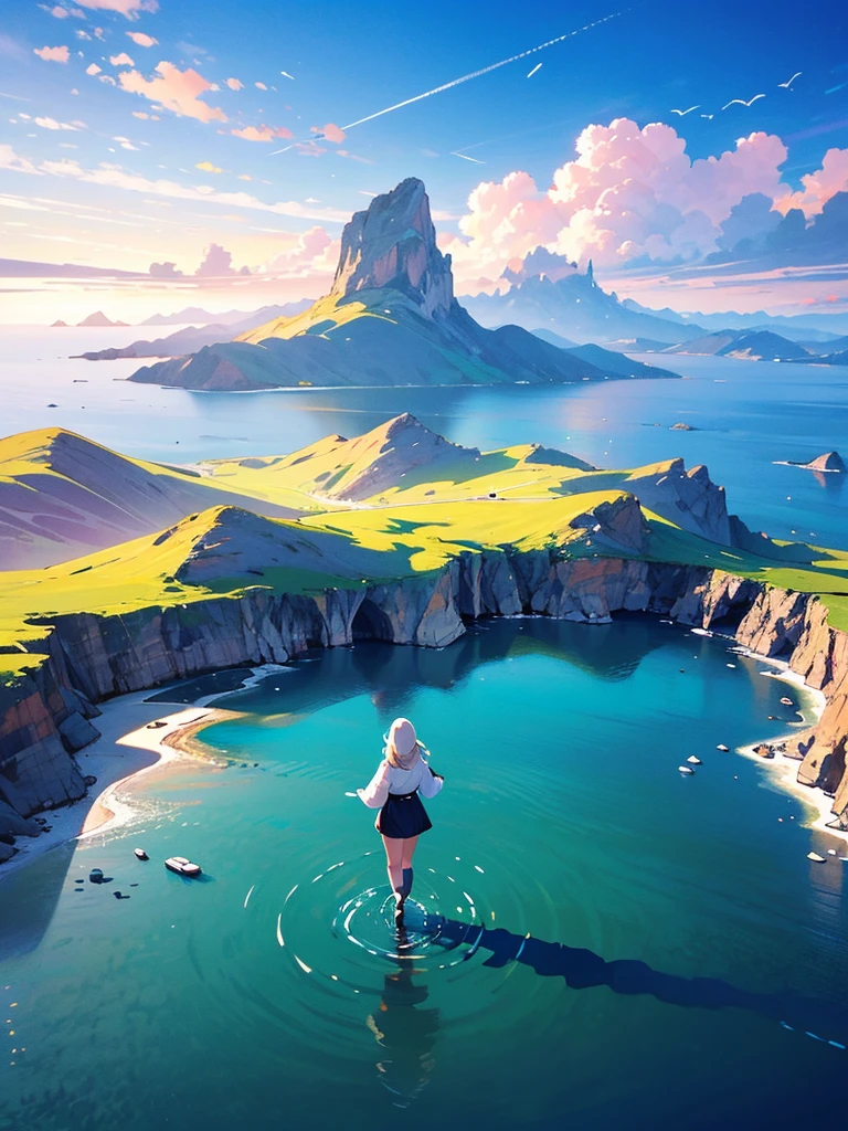 Woman walking on calm water, From above見下ろす構図, From above, Overlooking
