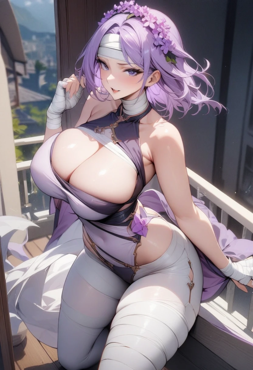masterpiece, best quality, very aesthetic, absurdres, 1girl, _lady, ,Lilac hairheadpiece,bandaged_chest, bandaged_fingers, bandaged_hand, bandaged_head, bandaged_neck, bandaged_thighs, bandaged_pants, bandages cover body, ,in balcony,floating_clothes