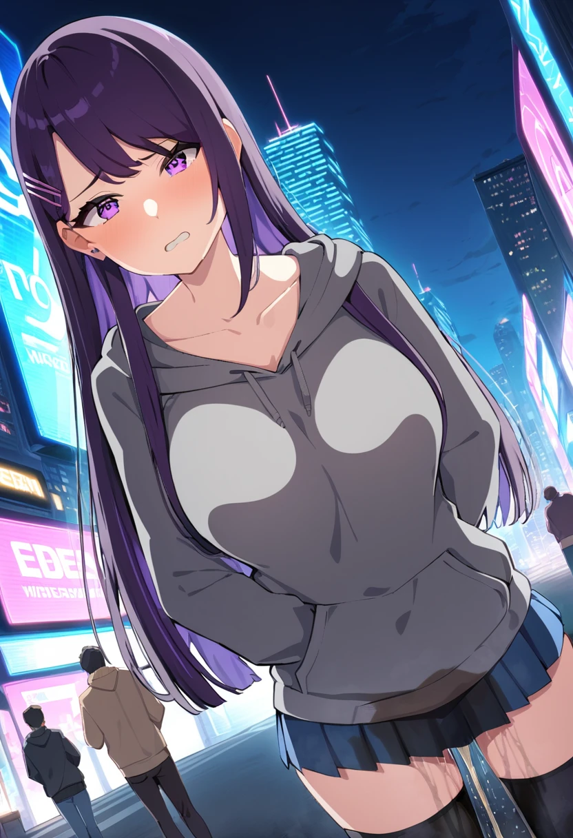 (masterpiece:1.37), best quality, (extremely detailed:1.37), (1girl:1.5), woman, (mature:1.5), (adult:1.5), large breasts, very long hair, (straight hair:1.5), (very dark purple hair:1.5), purple eyes, (extremely detailed eyes:1.37), hoodie, jeans, desperation, (wetting self:1.5), standing, embarrassed, humiliation, blushing, angry, city, futuristic, neon lighting, high-tech, street, skyscraper