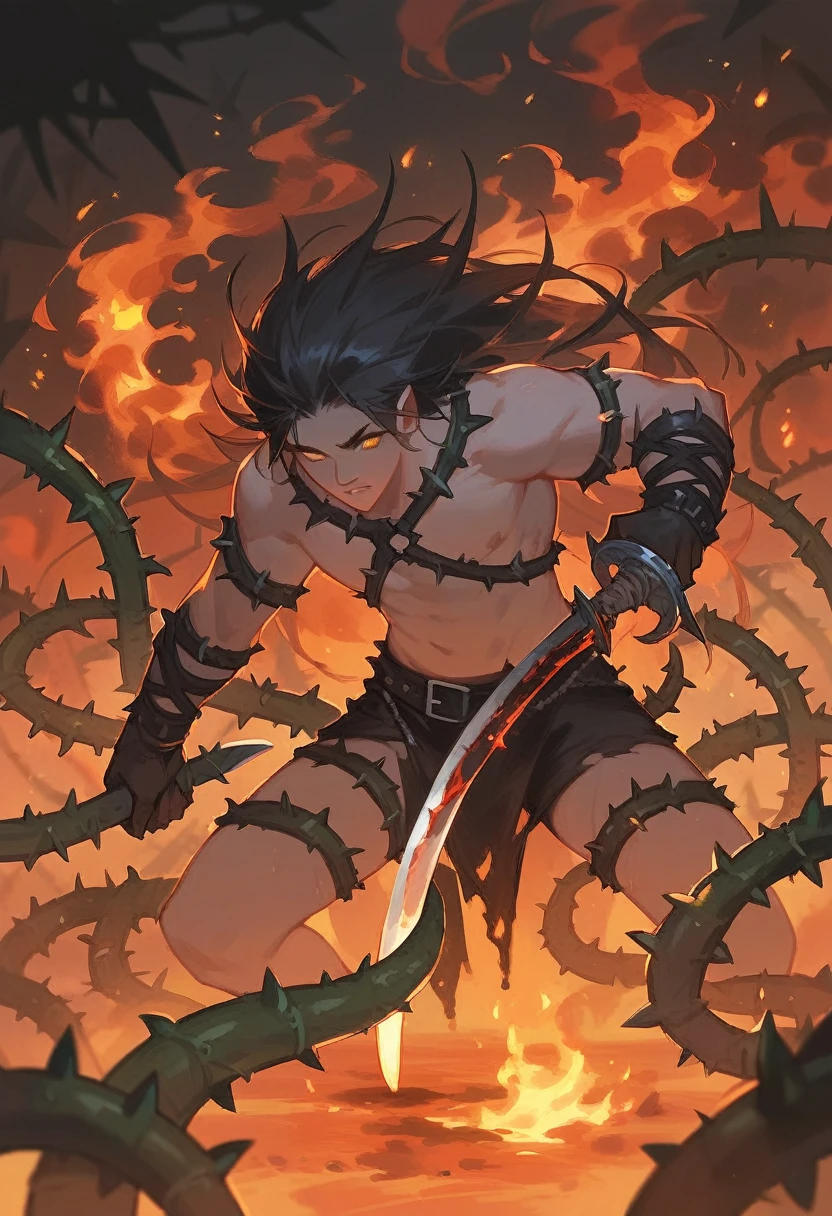 Painting, dark fantasy, thorns, black fire, swords, long thorns, very long thorns!A giant infernal sword in the middle, surrounded by thorns