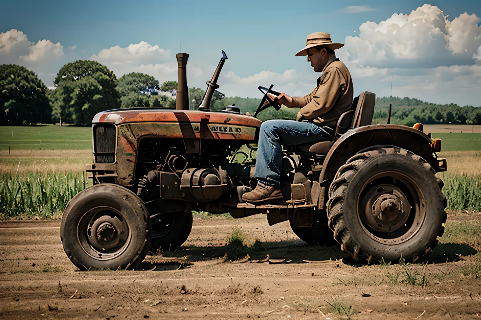 Man driving old tractor