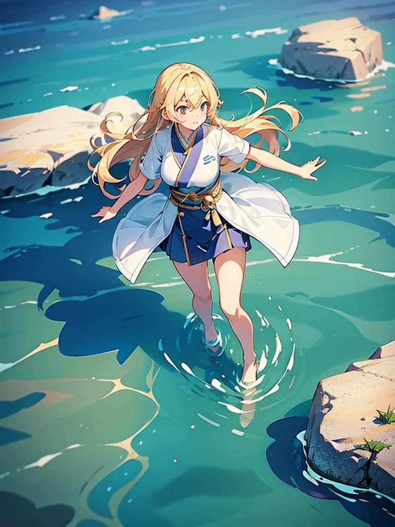 Woman walking on calm water, From above見下ろす構図, From above, Overlooking
