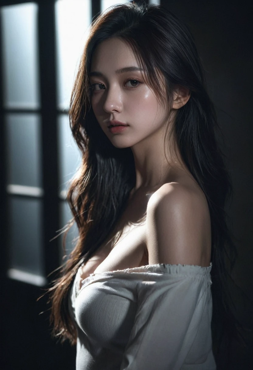 best quality, masterpiece, Ultra-high resolution, (Realistic:1.5), original photo, 1 girl, Off-shoulder, in the darkness, Deep shadows, Low profile, Cold Light, sexy look, long hair,Mix Girl,Yinglaite, Half-length photo,NSFW