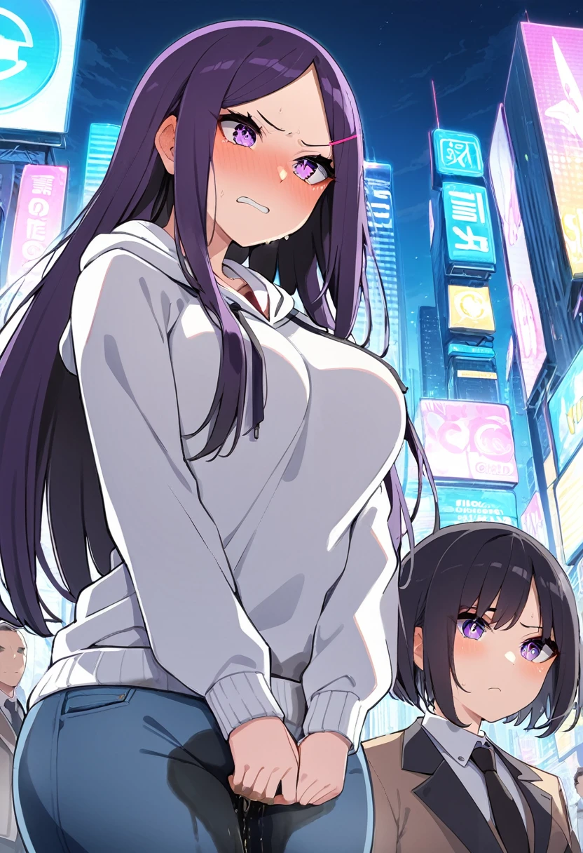(masterpiece:1.37), best quality, (extremely detailed:1.37), (1girl:1.5), woman, (mature:1.5), (adult:1.5), large breasts, very long hair, (straight hair:1.5), (very dark purple hair:1.5), purple eyes, (extremely detailed eyes:1.37), hoodie, jeans, desperation, (wetting self:1.5), standing, embarrassed, humiliation, blushing, angry, city, futuristic, neon lighting, high-tech, street, skyscraper