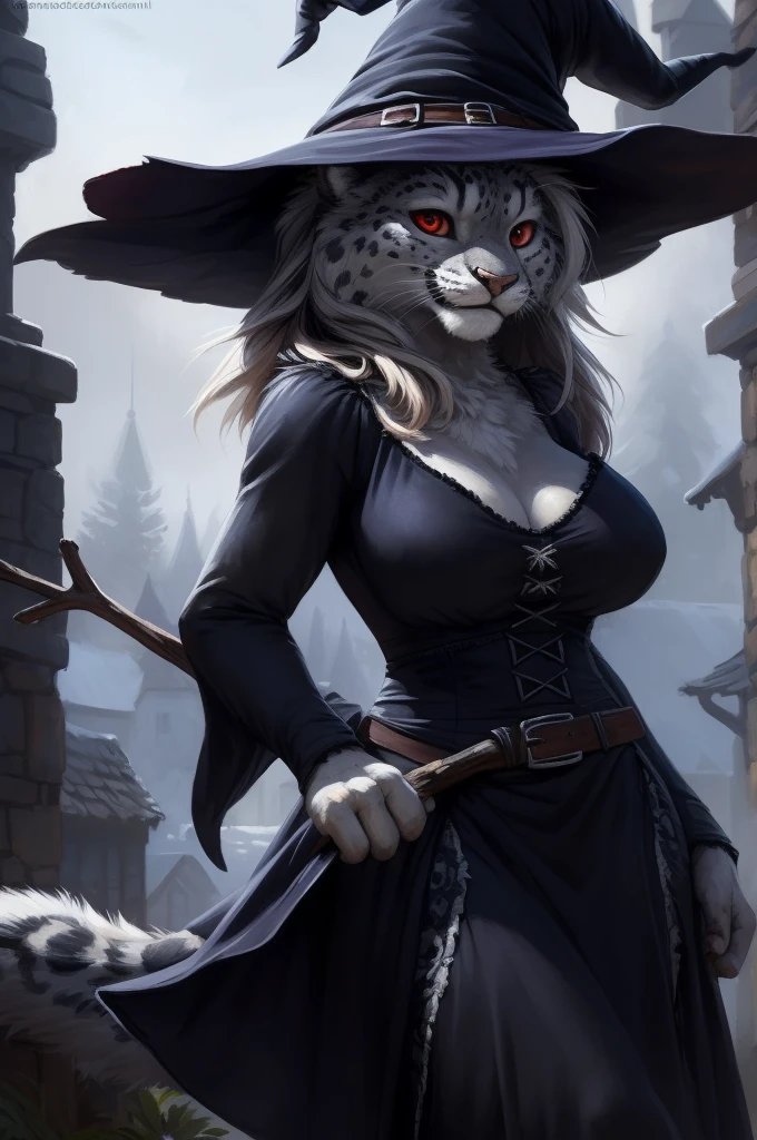 (ultra detailed), a beautiful and detailed full size portrait of a female anthro Snow leopard, Snow leopard tail, bedroom eyes, close up view, cinematic shot, red eyes, detailed eyes, big body goddess, kenket, Ross Tran,ruan jia, trending on artstation,foxovh, cenematic lighting, big breasts, big (((witch dress))), full body, standing , feets, pose, ((((seductive, sexy pose))), fog, medieval place, night, smile,, detailed background, one stick with fire on top of the stick
