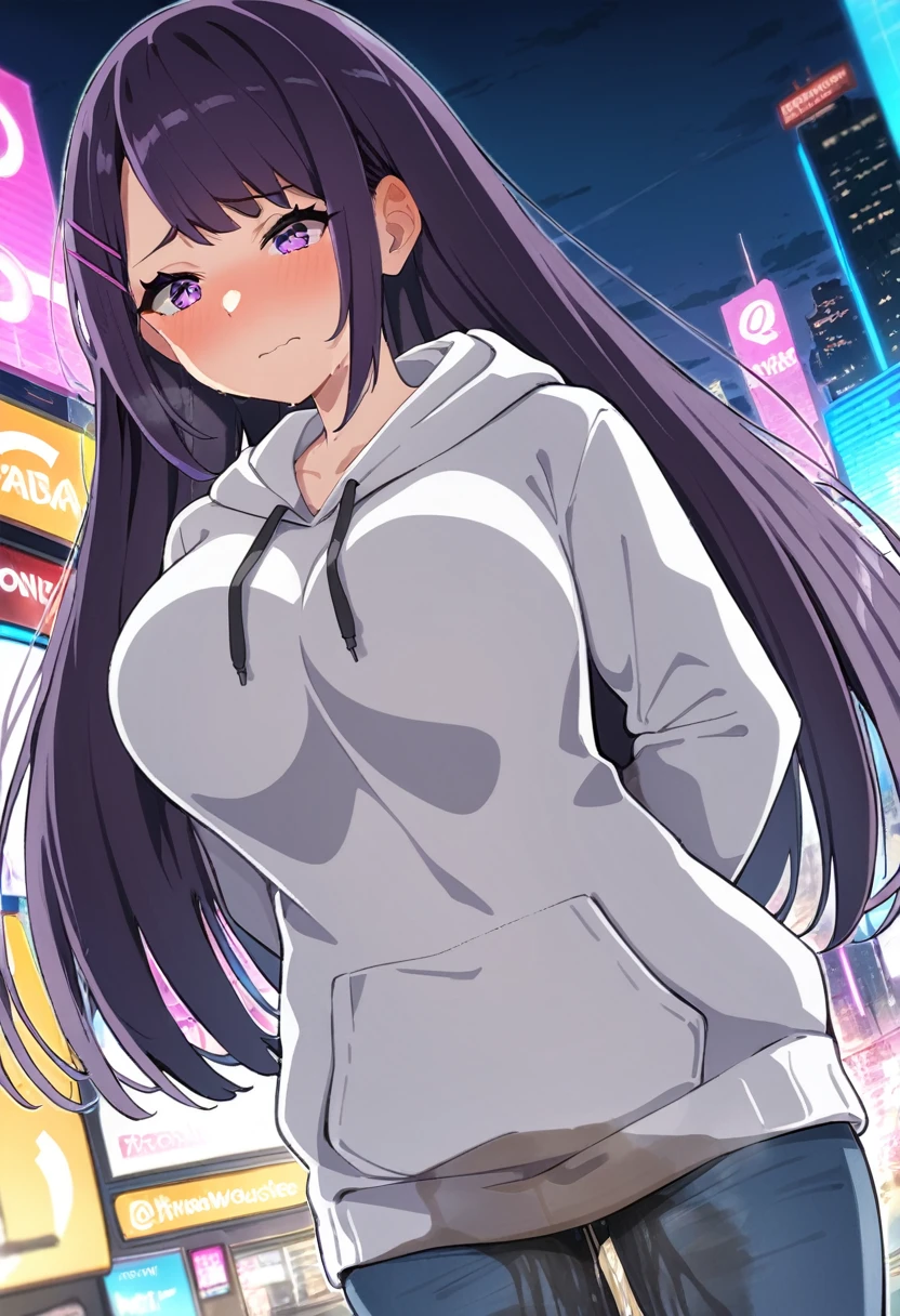 (masterpiece:1.37), best quality, (extremely detailed:1.37), (1girl:1.5), woman, (mature:1.5), (adult:1.5), large breasts, very long hair, (straight hair:1.5), (very dark purple hair:1.5), purple eyes, (extremely detailed eyes:1.37), hoodie, jeans, desperation, (wetting self:1.5), standing, embarrassed, humiliation, blushing, angry, city, futuristic, neon lighting, high-tech, street, skyscraper