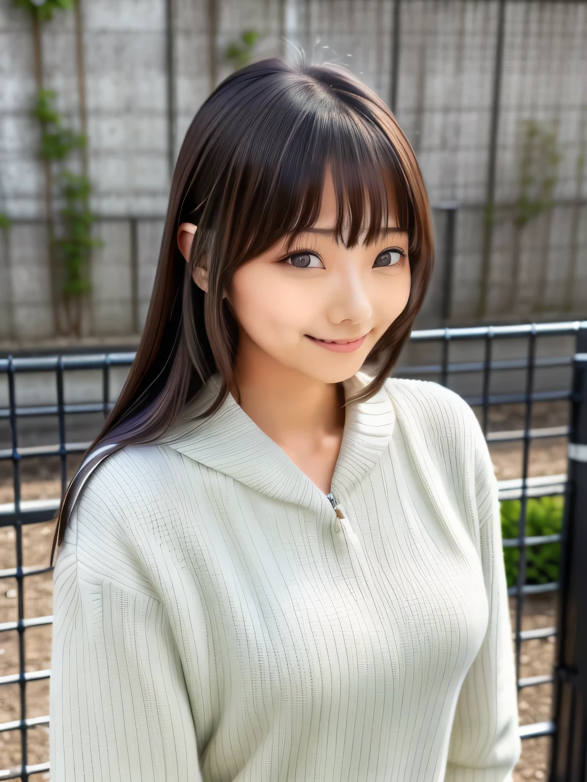 A young woman stands in front of a metal gate, Chiho, Long straight hair, neat hair With bangs, Hole in the Motto, Long straight black hair, narumi kakinouchi, sakimi chan, With bangs, Ayaka, shikamimi, harumi, Cute Hairstyles