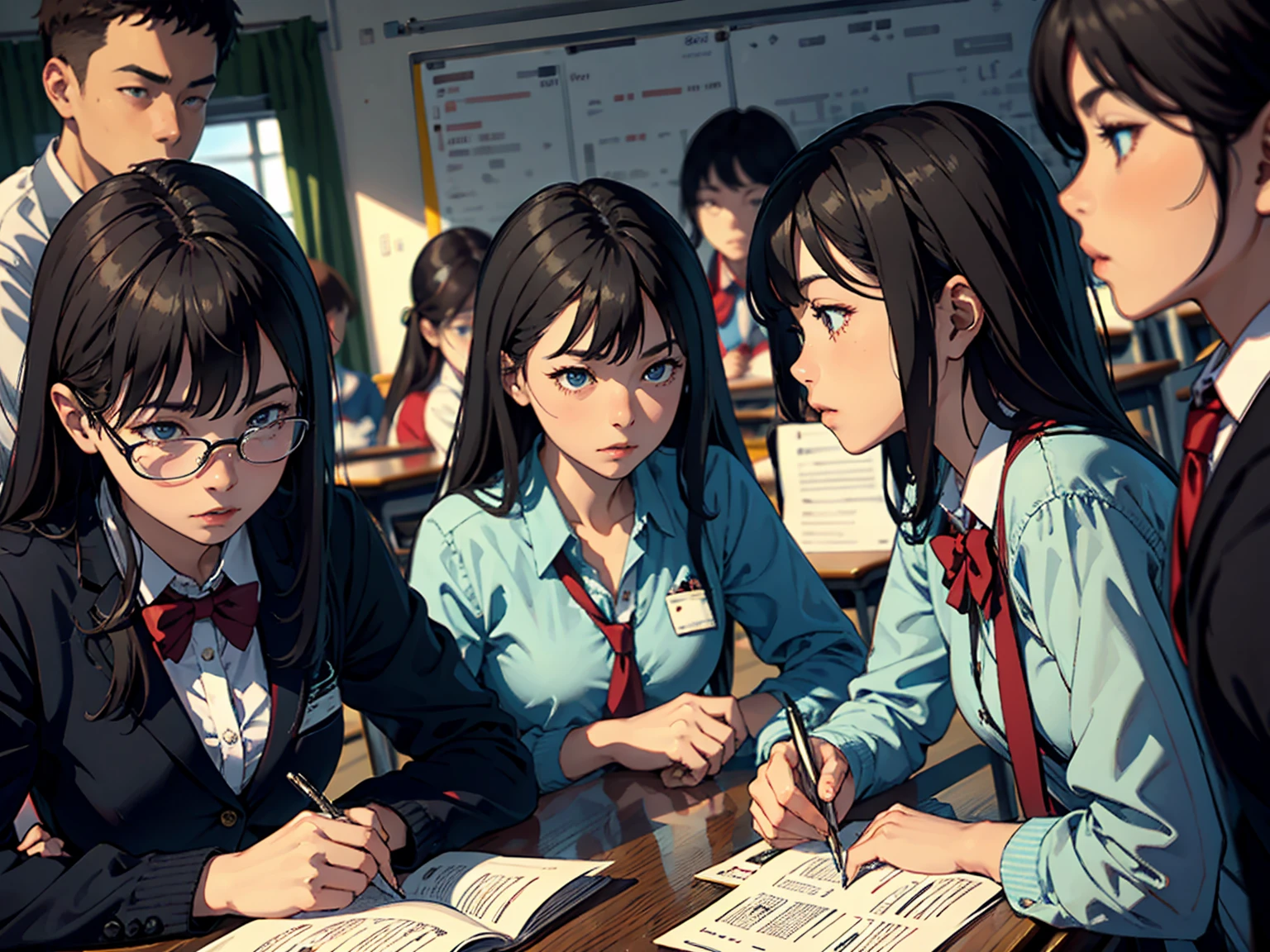 A group of students sat in a classroom, both male and female, close up
