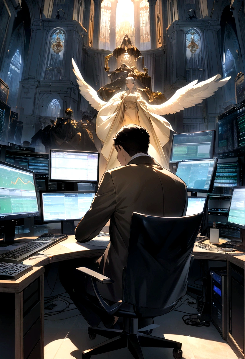 "An angel with wings blessing a day trader sitting in front of several computers trading in the financial market on the mt5 platform, high quality image. Add the text to the image "Eder Santo Professional trader investments the terror in the financial market"