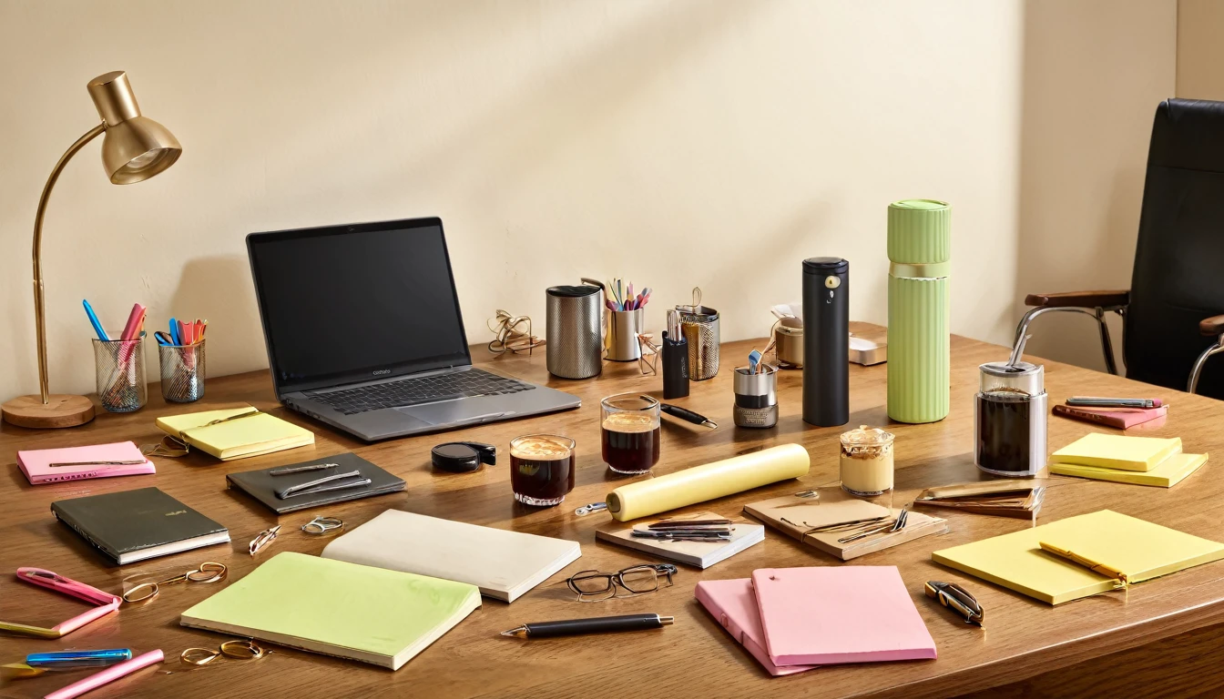 "Take a high-resolution photo of essential office supplies arranged neatly on a wooden desk. Include items such as pens, notebooks, sticky notes, paper clips, and a coffee mug. The image should be taken with an 8K resolution camera, capturing every item in sharp detail, showcasing their textures and colors vividly. Ensure the lighting is even and soft to avoid harsh shadows."

