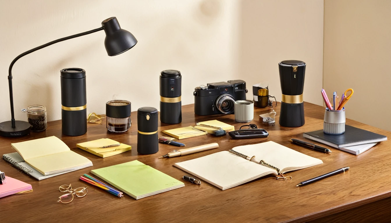 "Take a high-resolution photo of essential office supplies arranged neatly on a wooden desk. Include items such as pens, notebooks, sticky notes, paper clips, and a coffee mug. The image should be taken with an 8K resolution camera, capturing every item in sharp detail, showcasing their textures and colors vividly. Ensure the lighting is even and soft to avoid harsh shadows."

