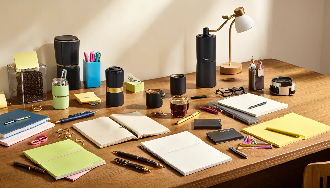 "Take a high-resolution photo of essential office supplies arranged neatly on a wooden desk. Include items such as pens, notebooks, sticky notes, paper clips, and a coffee mug. The image should be taken with an 8K resolution camera, capturing every item in sharp detail, showcasing their textures and colors vividly. Ensure the lighting is even and soft to avoid harsh shadows."

