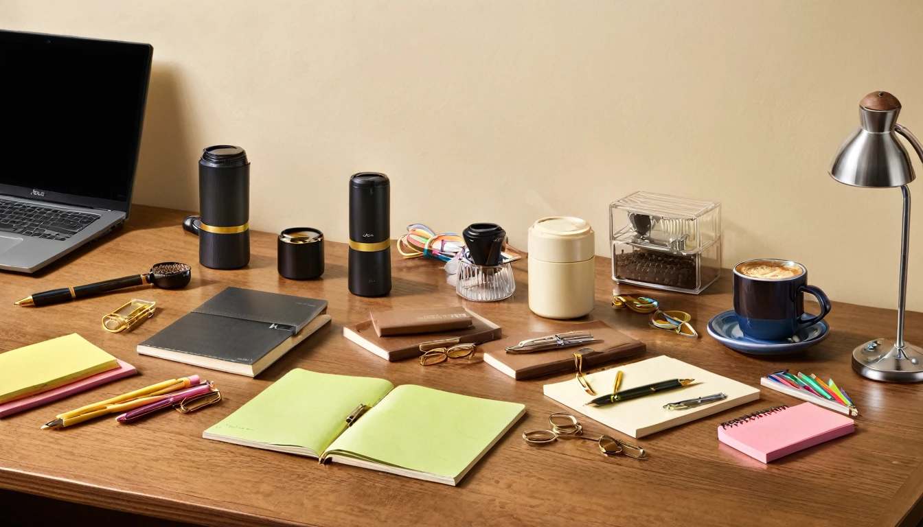 "Take a high-resolution photo of essential office supplies arranged neatly on a wooden desk. Include items such as pens, notebooks, sticky notes, paper clips, and a coffee mug. The image should be taken with an 8K resolution camera, capturing every item in sharp detail, showcasing their textures and colors vividly. Ensure the lighting is even and soft to avoid harsh shadows."

