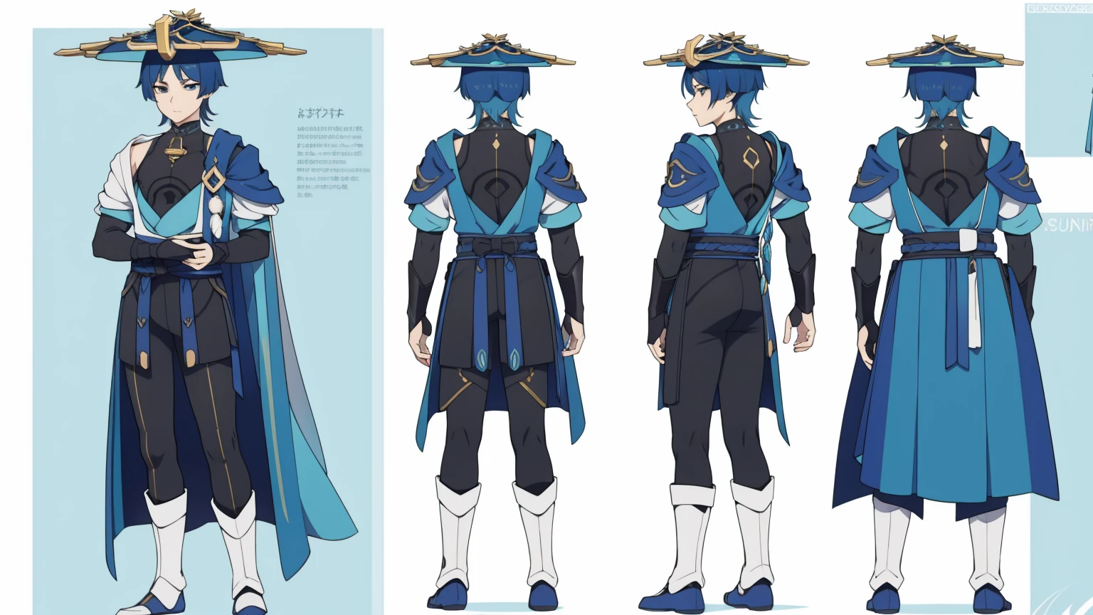 Metal armor, Body armor, shoulder pads (shiny cyan armor:1.0)Sfw, (Wanderer:1.0)Thin, fit, 1boy, solo, male focus, looking at viewer, upper body, hair, realistic, hat, default clothing, wanderer clothing, (character design sheet, full body, front, side, back), Illustration, environment change, pose (simple background, white background: 1.0)