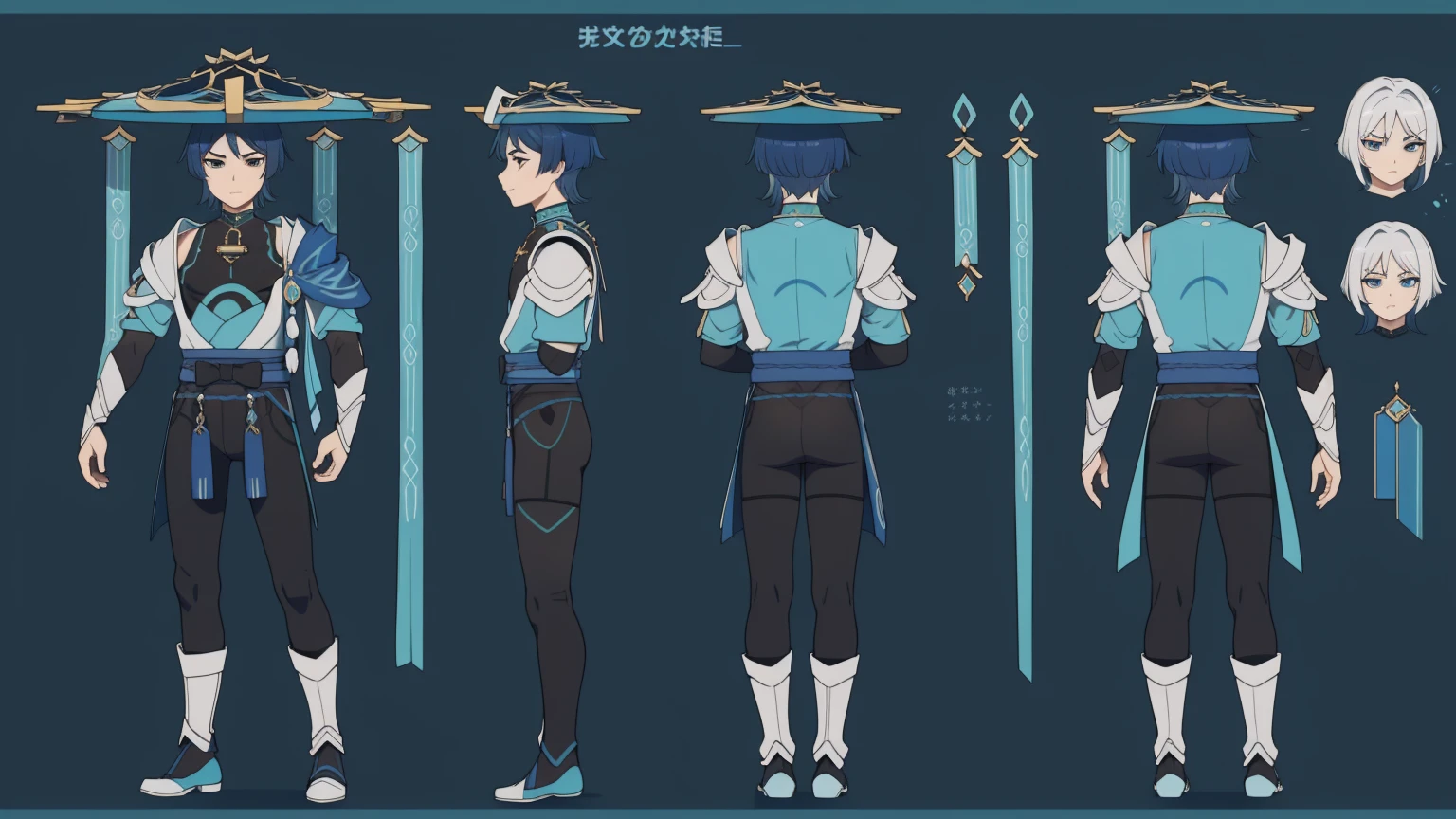Metal armor, Body armor, shoulder pads (shiny cyan armor:1.0)Sfw, (Wanderer:1.0)Thin, fit, 1boy, solo, male focus, looking at viewer, upper body, hair, realistic, hat, default clothing, wanderer clothing, (character design sheet, full body, front, side, back), Illustration, environment change, pose (simple background, white background: 1.0)