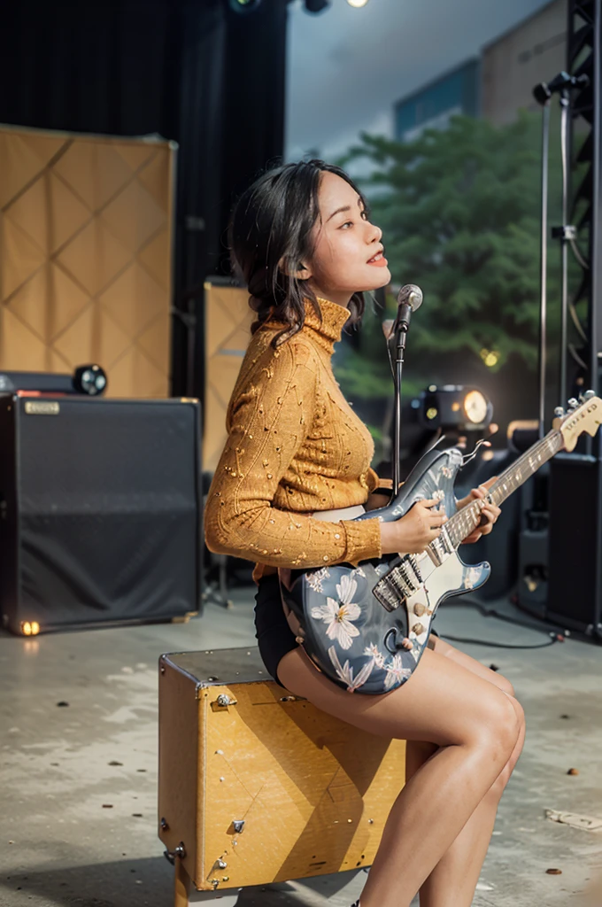 masterpiece, best quality, ultra detailed, high resolution, 1 girl, ((pretty lady MoonLay)), Burmese girl, ((pretty lady MoonLay's seductive sweet face with sweet smile:1.2)), ((playing guitar:1.6)), ((singing with confident)), (((electric guitar))), ((stage background:1.5)), golden hour setting, 8k, (((black sweater turtleneck tight blouse))), ((middle thigh length black mini skintight skirt with white flower printed pattern:)), (stylishly sitting on stylish stage stool), (((crossing legs:1.1))), (stiletto high heel), ((full body tilted side view:1.5)), ((blur background with star shaped bokeh effect to highlight portrait better)), (vibrant HDR lighting),