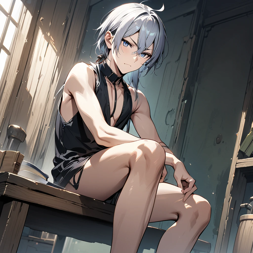absurdres, highres, ultra detailed, super fine illustration, best quality, 1boy, perfect anatomy, male focus, solo, (dark-skinned:0.8) male, silver hair, long hair, black bikini, bare shoulders, bare arms, bare legs, <lora:_L2090:-0.6> <lora:flat:-0.2>