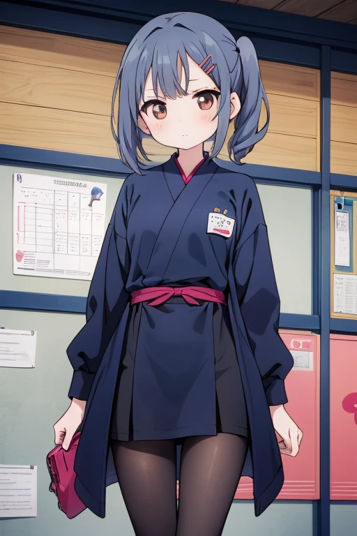 Cute naughty Assassin girl, Pastel colors hair, medium breasts, (Thighs, fishnet pantyhose, ninja costume), short hair, (dark blue hair:1.2), (naked:1.3), (forehead:1.2, bangs pinned back, asymmetrical bangs, hairclip, side ponytail:1,2), standard height, (Serious, Large eyes, yuruyuri), at the adventurer's guild, A bulletin board with posted paper