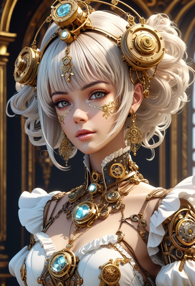 A steam punk style diamond robot with a human like diamond face. female figure. Wearing wig of spun diamond. Ultra HD, Rococo-Inspired Fantasy Art With Intricate Details. (8K High Resolution) (top-quality)