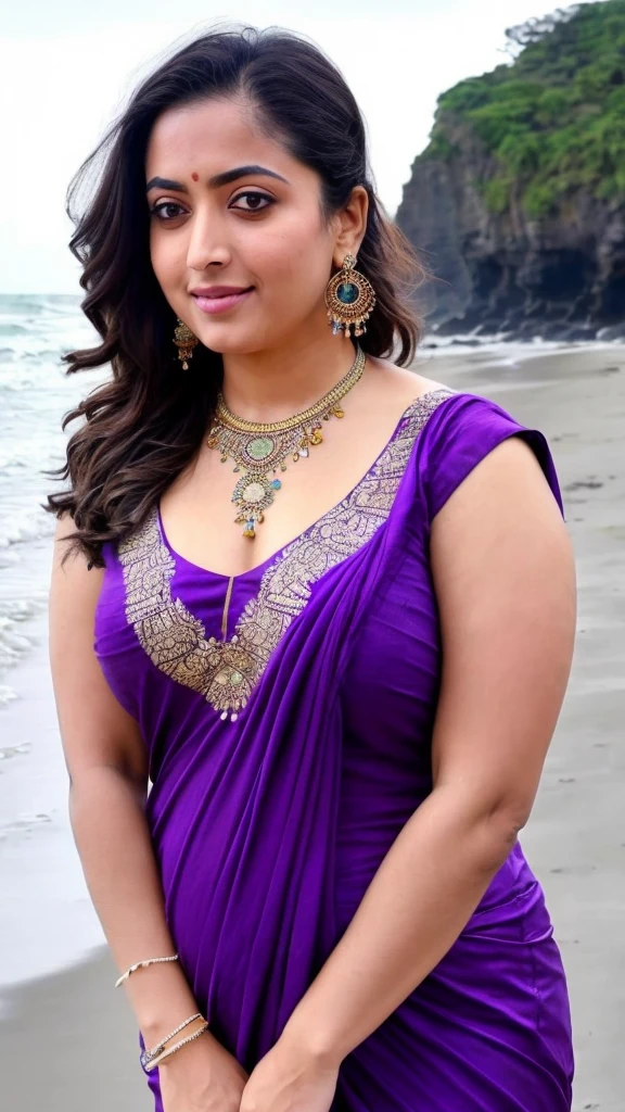 A woman round neck blouse and saree, round face, angle face, beautiful face,good figure,big cheeks, curvy,, swooping breasts, open arms, sexy armpits,big penis, nipples, ass, necklace, (cinematic:1.3), intricate details, (ArtStation:1.2)there is a woman in a round neck blouse and saree on the beach, skinny waist and thick hips, posing on a beach with the ocean, standing at the beach, 3 0 years old woman, 30 years old woman, is wearing a round neck blouse and saree, in the beach, wearing round neck blouse and saree, thicc, violet myers, at the beach, full body shot in round neck blouse and saree
