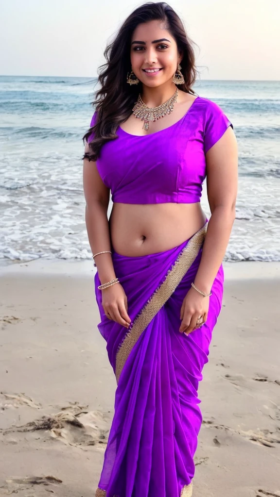 A woman round neck blouse and saree, round face, angle face, beautiful face,good figure,big cheeks, curvy,, swooping breasts, open arms, sexy armpits,big penis, nipples, ass, necklace, (cinematic:1.3), intricate details, (ArtStation:1.2)there is a woman in a round neck blouse and saree on the beach, skinny waist and thick hips, posing on a beach with the ocean, standing at the beach, 3 0 years old woman, 30 years old woman, is wearing a round neck blouse and saree, in the beach, wearing round neck blouse and saree, thicc, violet myers, at the beach, full body shot in round neck blouse and saree
