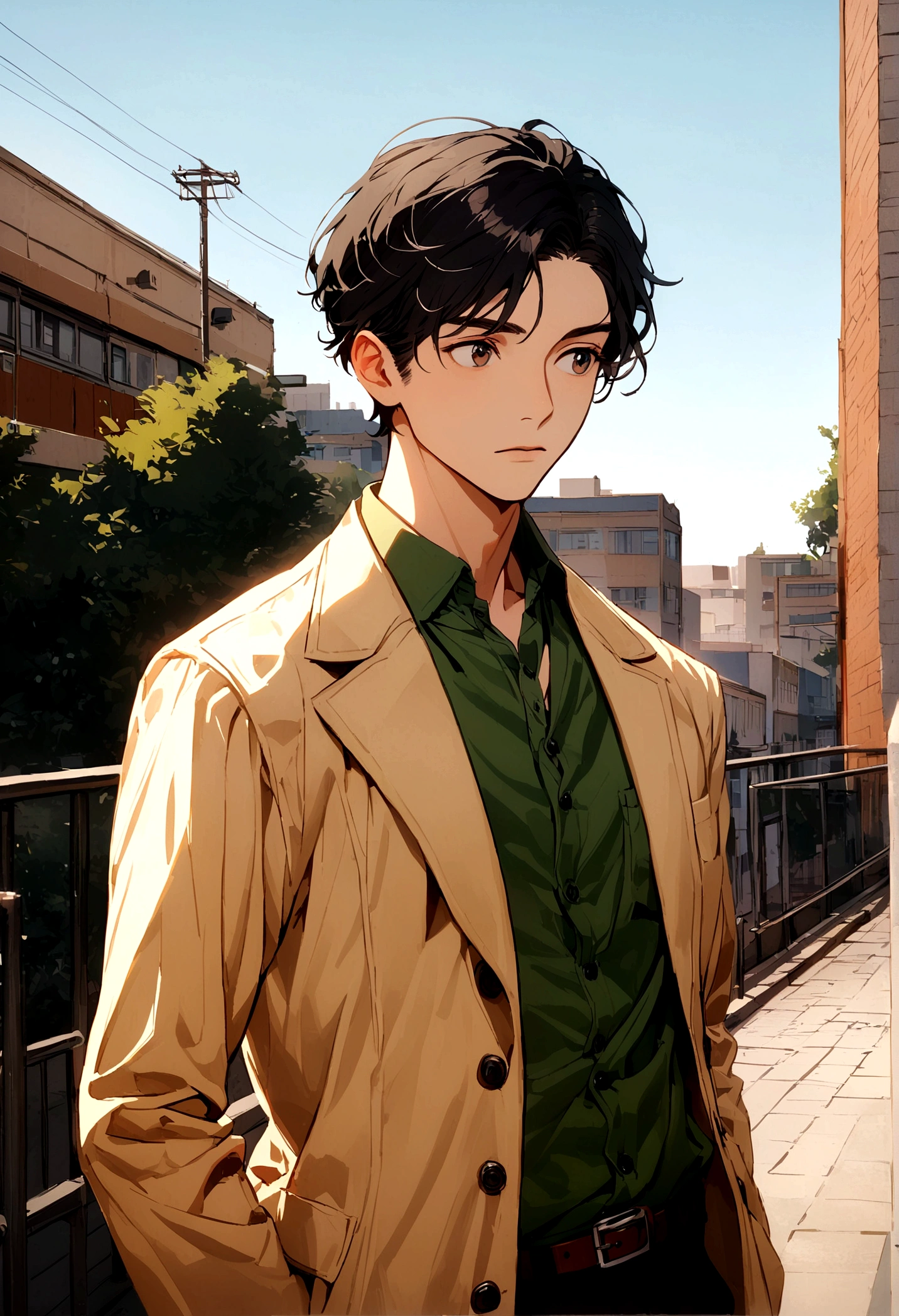 Guy, black hair left part, casual clothes, school background, light brown overcoat, green shirt