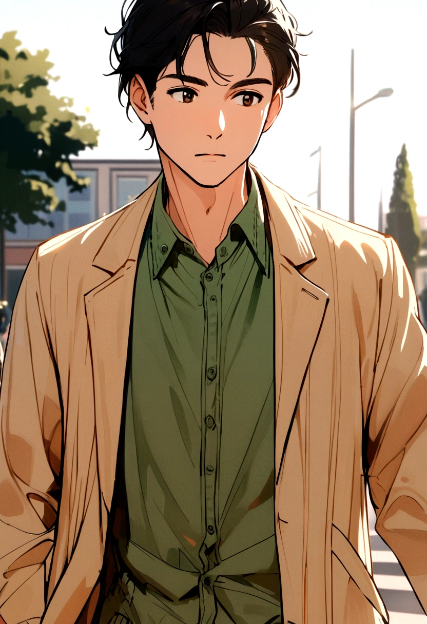 Guy, black hair left part, casual clothes, school background, light brown overcoat, green shirt