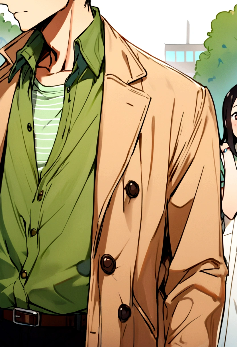 Guy, black hair left part, casual clothes, school background, light brown overcoat, green shirt