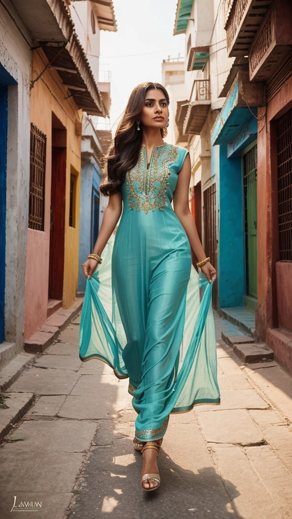 A stunning woman walks down an Indian street, elegantly dressed in a vibrant salwar kameez. She carries a stylish hand purse, and with a graceful motion, adjusts her hair from her face, casting her gaze downward. The soft sunlight catches the delicate embroidery on her outfit, highlighting her natural beauty and poison