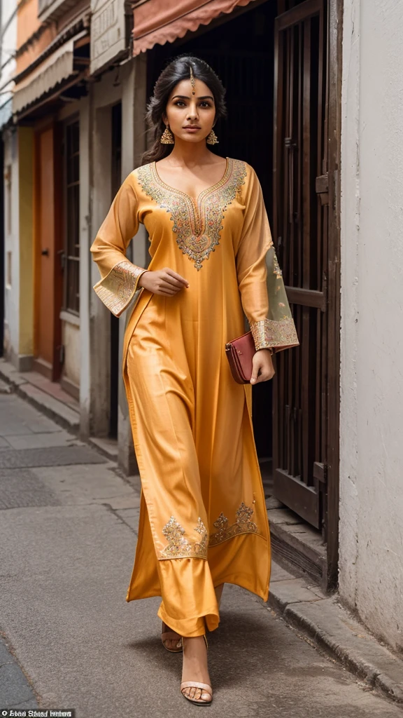 A stunning woman walks down an Indian street, elegantly dressed in a vibrant salwar kameez. She carries a stylish hand purse, and with a graceful motion, adjusts her hair from her face, casting her gaze downward. The soft sunlight catches the delicate embroidery on her outfit, highlighting her natural beauty and poison