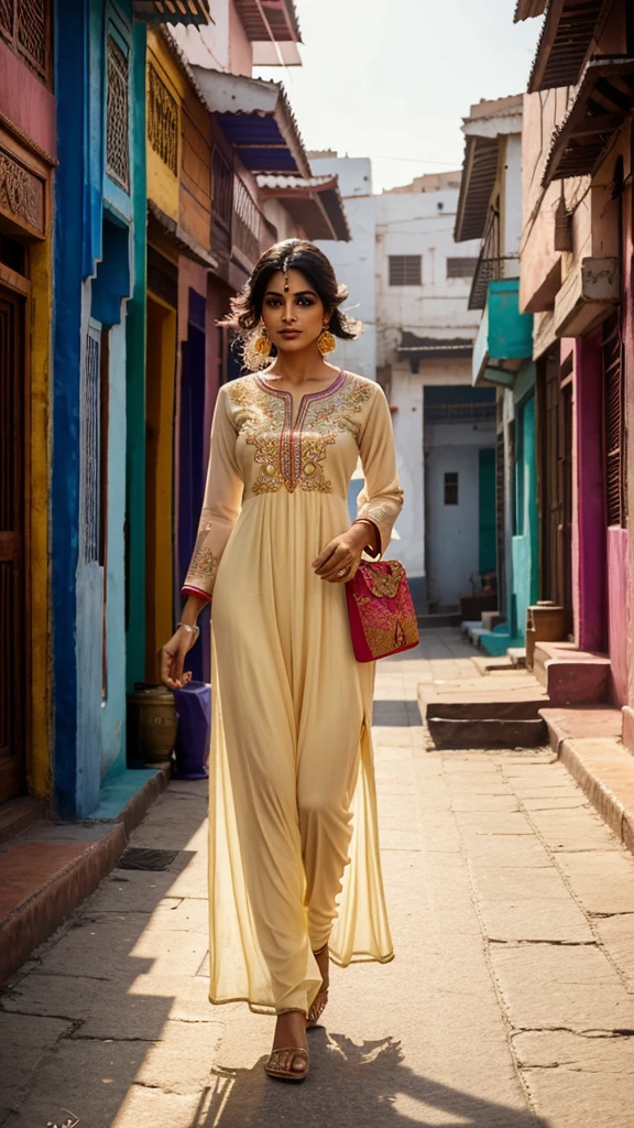 A stunning woman walks down an Indian street, elegantly dressed in a vibrant salwar kameez. She carries a stylish hand purse, and with a graceful motion, adjusts her hair from her face, casting her gaze downward. The soft sunlight catches the delicate embroidery on her outfit, highlighting her natural beauty and poison 