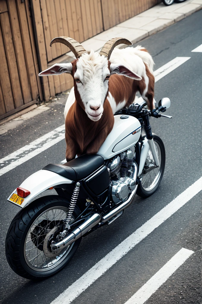 goat on a motorbike on the asphalt.