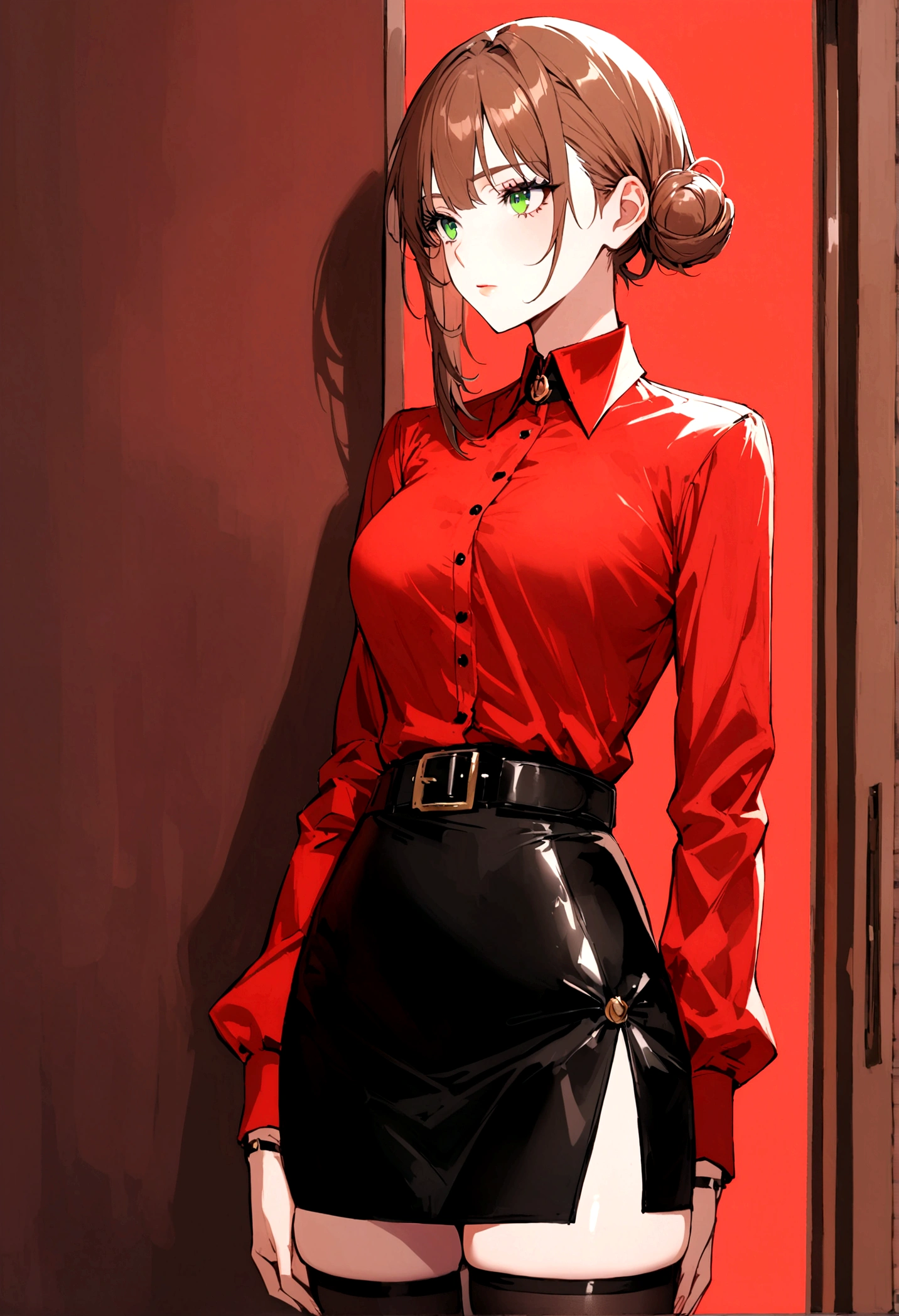 Girl, brown hair, green eyes, small side bun near top of head, black skirt, thigh highs, refined eloquent modern day business, red shirt, belt