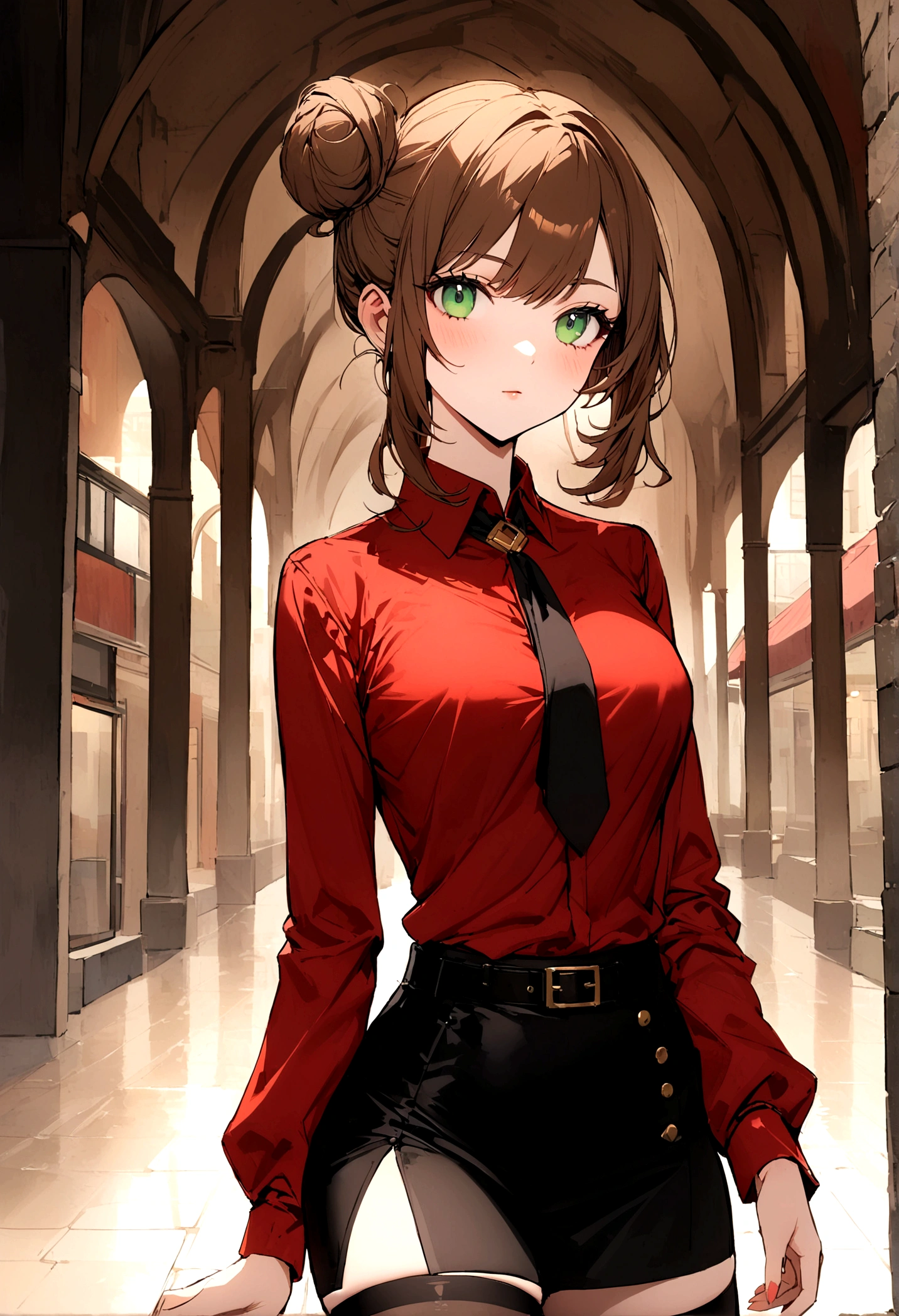 Girl, brown hair, green eyes, small side bun near top of head, black skirt, thigh highs, refined eloquent modern day business, red shirt, belt