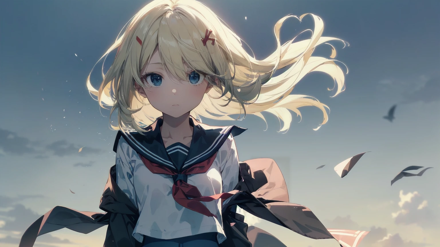 Highest quality, Anime Moe Art Style,Best Anime 8K Konachan Wallpaper,pixiv contest winners,Perfect Anatomy, (Please draw a girl walking sleepily to school..... ),break, 1 Girl, (alone,,,13 years old:1.3),high school student, short hair, amount, (Hair above one eye:1.7),All limbs, Full Finger,Medium Chest, Between the legs, Small eyes,accurate black eyes, Hair Clip, (Sailor suit:1.5),(school uniform:1.5) skirt,On the way to school. break,Very detailed,High resolution,Ultra-Dense Skin, Professional Lighting,8K eye detail, (Cute illustrations:1.2),blonde,blonde hair,Expressionless,(Hair on one eye:1.5),Sailor suit