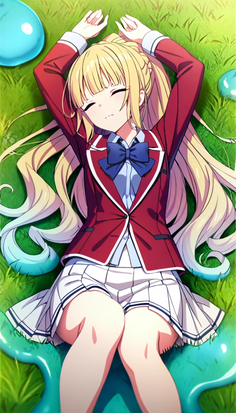 masterpiece, best quality, highres, ponytail hair, (single braid:1.2), hair ribbon, red blazer,buttoned blazer, blue bowtie, long sleeves, white skirt,lying on grass,closed reg , closed knees , spread arms, raise up hands ,slime, closed mouth,