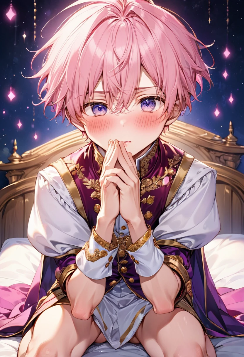 Young and naive man,(Highest quality,Extremely detailed depiction,Incredibly absurd high resolution,Anatomically accurate depiction,Two lovely hands, Five perfect fingers),(Prince in noble clothes),blush embarrassed,whole body,background:Bedroom at night,Pink Light