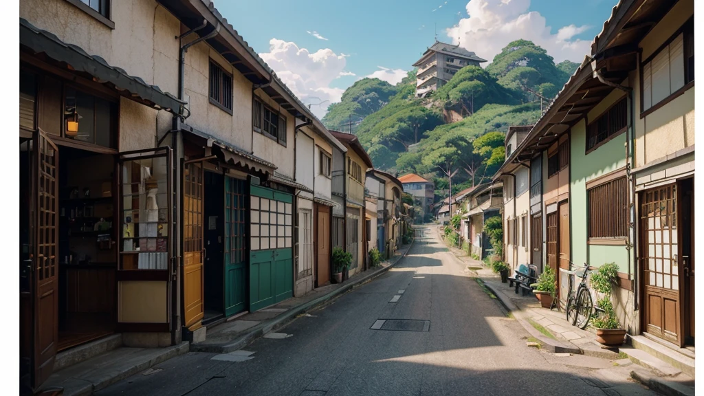 a painting of a street with houses in the background, rio de janeiro in an anime film, makoto shinkai. high detail, anime scenery concept art, style of makoto shinkai, makoto shinkai art style, anime. by makoto shinkai, by Makoto Shinkai, by makoto shinkai, anime scenery, kyoto animation, 4k hd,, beautiful art uhd 4 k, a beautiful artwork illustration, beautiful digital painting, highly detailed digital painting, beautiful digital artwork, detailed painting 4 k, very detailed digital painting, rich picturesque colors, gorgeous digital painting, saturated, no human