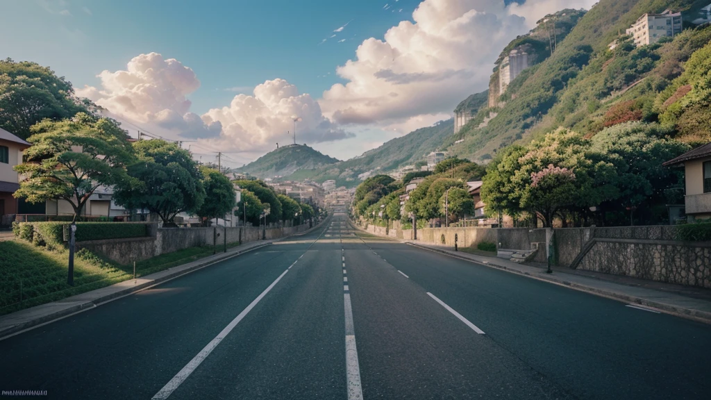 a painting of a street with houses in the background, rio de janeiro in an anime film, makoto shinkai. high detail, anime scenery concept art, style of makoto shinkai, makoto shinkai art style, anime. by makoto shinkai, by Makoto Shinkai, by makoto shinkai, anime scenery, kyoto animation, 4k hd,, beautiful art uhd 4 k, a beautiful artwork illustration, beautiful digital painting, highly detailed digital painting, beautiful digital artwork, detailed painting 4 k, very detailed digital painting, rich picturesque colors, gorgeous digital painting, saturated, no human