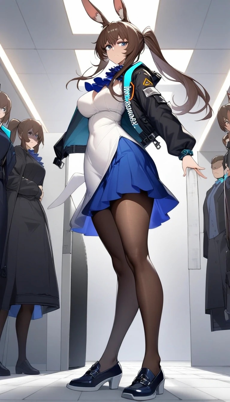 masterpiece, best quality, very aesthetic, absurdres, 1girl, mature_lady, full body, ,amiya_(arknights), animal ears, rabbit ears, blue eyes, brown hair, tight medium hair, half-up, long ponytail, black jacket, blue skirt, blue ascot, white dress shirt, fly front, tights,from below, contempt, disgust,looking at viewer,frown,shaded face,,in female changing room,,floating_clothes