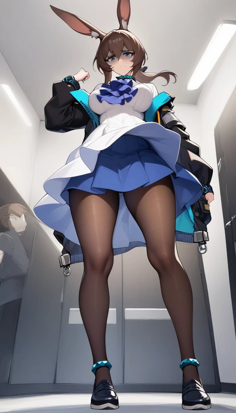 masterpiece, best quality, very aesthetic, absurdres, 1girl, mature_lady, full body, ,amiya_(arknights), animal ears, rabbit ears, blue eyes, brown hair, tight medium hair, half-up, long ponytail, black jacket, blue skirt, blue ascot, white dress shirt, fly front, tights,from below, contempt, disgust,looking at viewer,frown,shaded face,,in female changing room,,floating_clothes